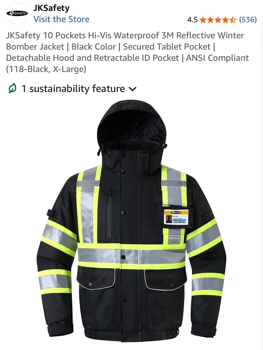 JKSafety Hi-Vis Waterproof Reflective Bomber Jacket - Black & Neon Yellow